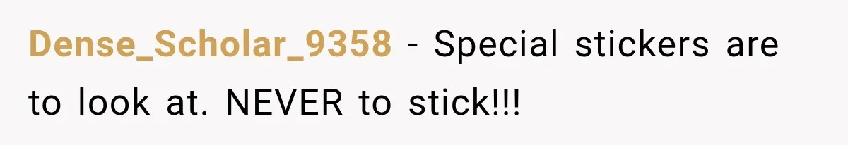 Dense_Scholar_9358 − Special stickers are to look at. NEVER to stick!!!