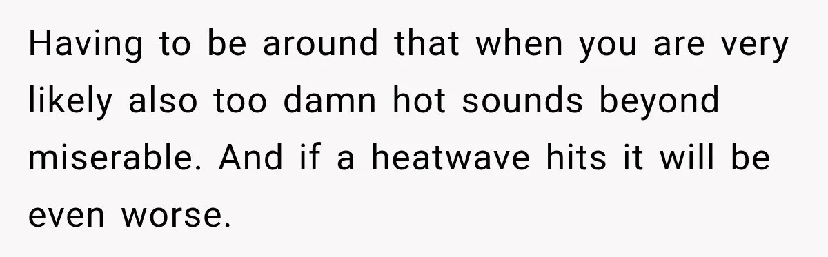 Having to be around that when you are very likely also too damn hot sounds beyond miserable. And if a heatwave hits it will be even worse.