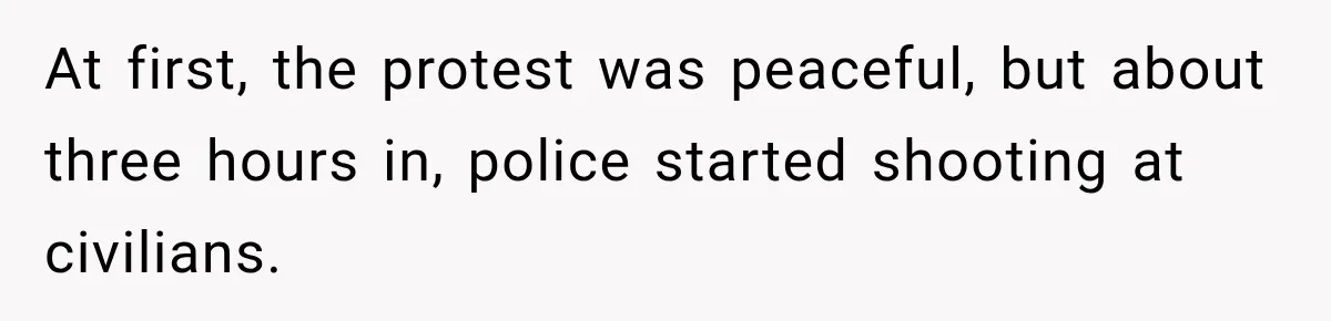 At first, the protest was peaceful, but about three hours in, police started shooting at civilians.