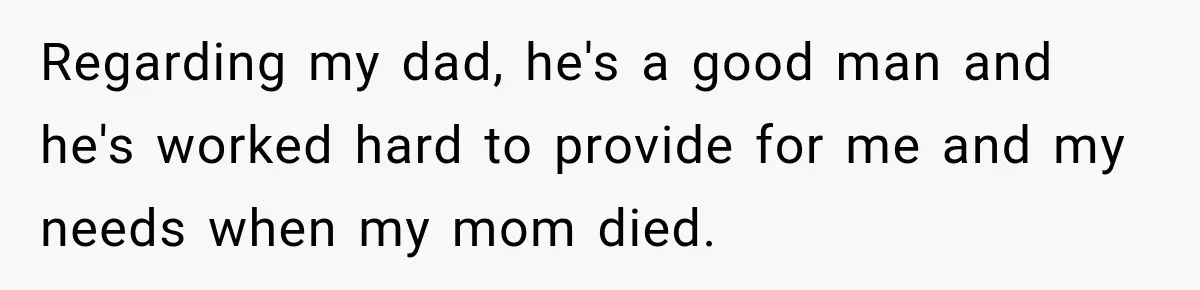 Daughter Inherited Her Mother’s House, But Her Dad Moved In His New Family Without Respecting Boundaries Regarding my dad, he's a good man and he's worked hard to provide for me and my needs when my mom died.