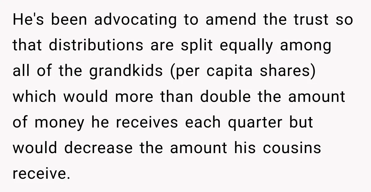 She Kept Suggesting Restaurants with Metal Detectors, and Her Armed Nephew Finally Asked Why He's been advocating to amend the trust so that distributions are split equally among all of the grandkids (per capita shares) which would more than double the amount of money...