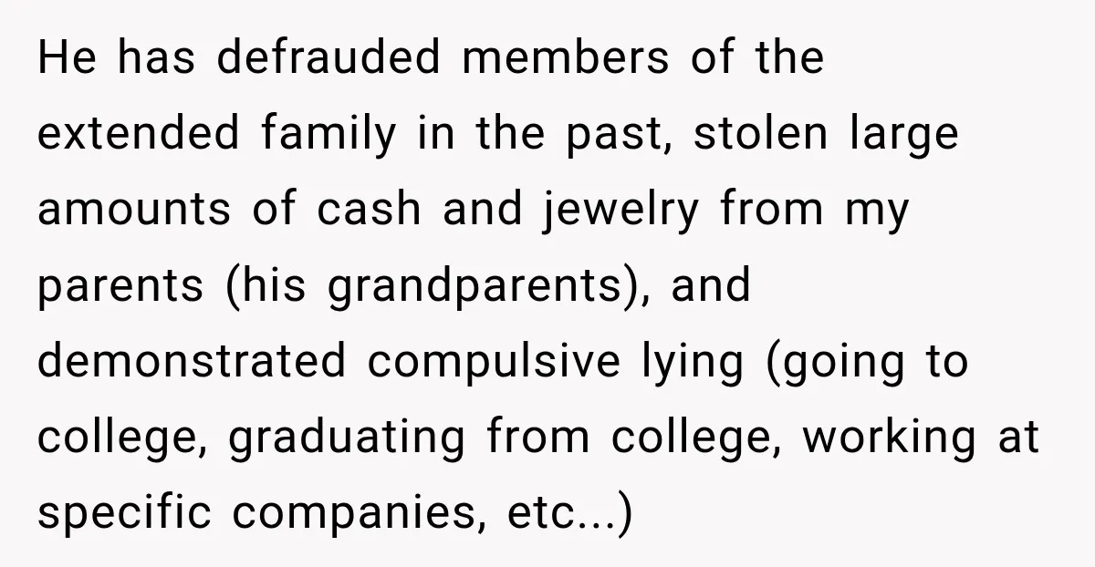 She Kept Suggesting Restaurants with Metal Detectors, and Her Armed Nephew Finally Asked Why He has defrauded members of the extended family in the past, stolen large amounts of cash and jewelry from my parents (his grandparents), and demonstrated compulsive lying (going to college,...