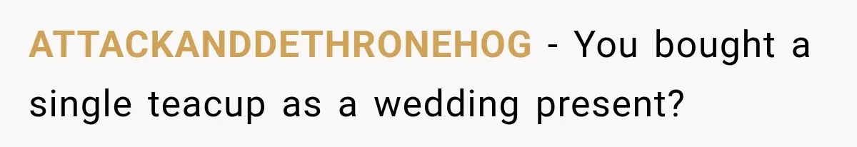 ATTACKANDDETHRONEHOG − You bought a single teacup as a wedding present?