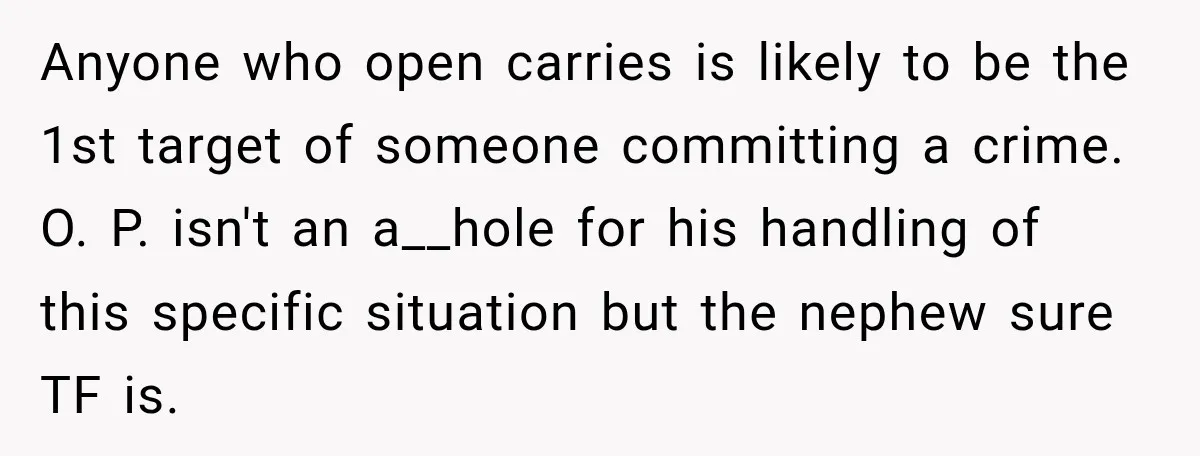 She Kept Suggesting Restaurants with Metal Detectors, and Her Armed Nephew Finally Asked Why Anyone who open carries is likely to be the 1st target of someone committing a crime. O. P. isn't an a__hole for his handling of this specific situation but the...