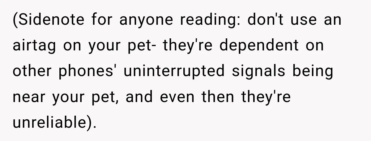 (Sidenote for anyone reading: don't use an airtag on your pet- they're dependent on other phones' uninterrupted signals being near your pet, and even then they're unreliable).