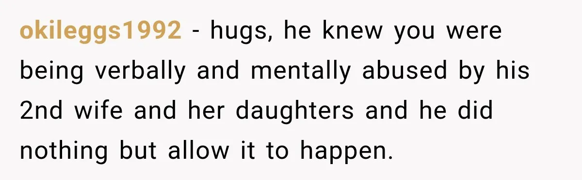 Father Neglects Daughter for Years, Then Cries When She Leaves and Never Returns okileggs1992 − hugs, he knew you were being verbally and mentally abused by his 2nd wife and her daughters and he did nothing but allow it to happen.