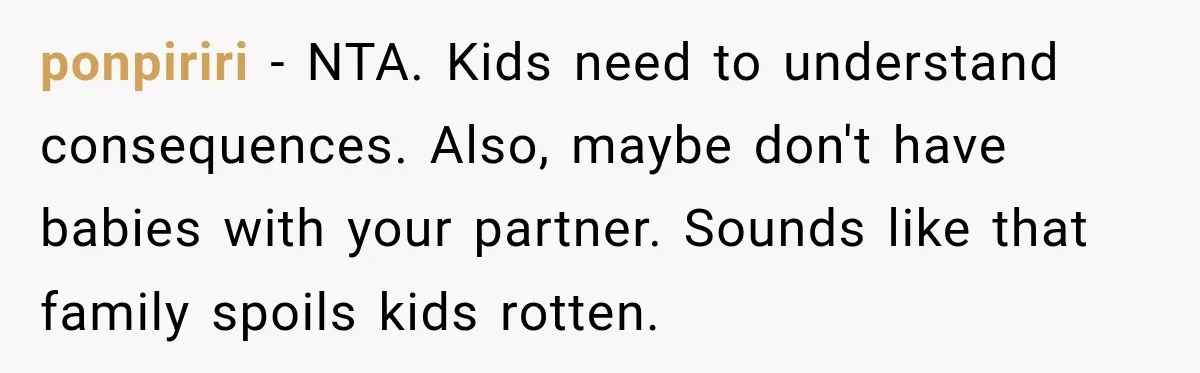 Woman Told Her Niece to Eat Her Own Meal First, and Her Partner Said "You're Not Who I Thought You Were" ponpiriri − NTA. Kids need to understand consequences. Also, maybe don't have babies with your partner. Sounds like that family spoils kids rotten.