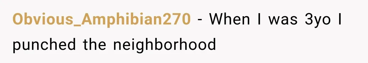 Obvious_Amphibian270 − When I was 3yo I punched the neighborhood