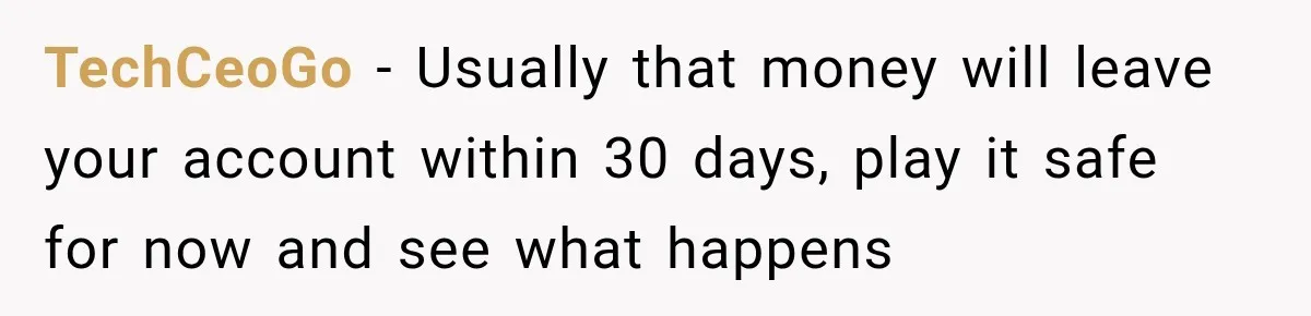 TechCeoGo − Usually that money will leave your account within 30 days, play it safe for now and see what happens