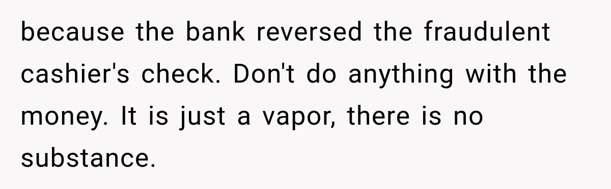 because the bank reversed the fraudulent cashier's check. Don't do anything with the money. It is just a vapor, there is no substance.