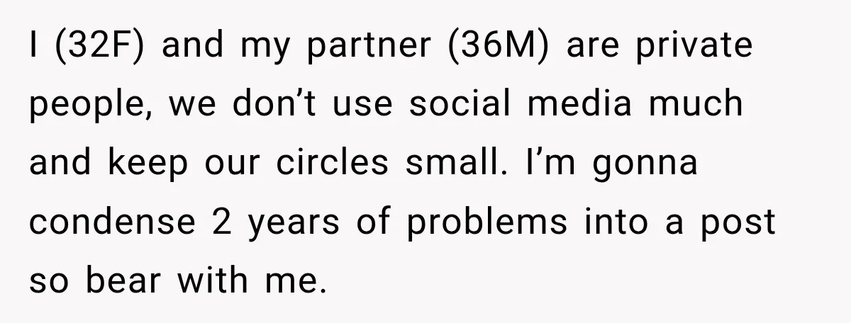 I (32F) and my partner (36M) are private people, we don’t use social media much and keep our circles small. I’m gonna condense 2 years of problems into a post...