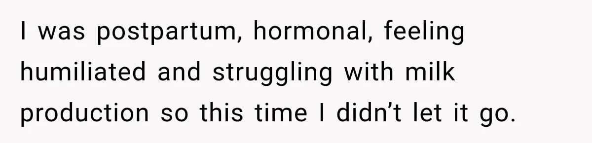 I was postpartum, hormonal, feeling humiliated and struggling with milk production so this time I didn’t let it go.