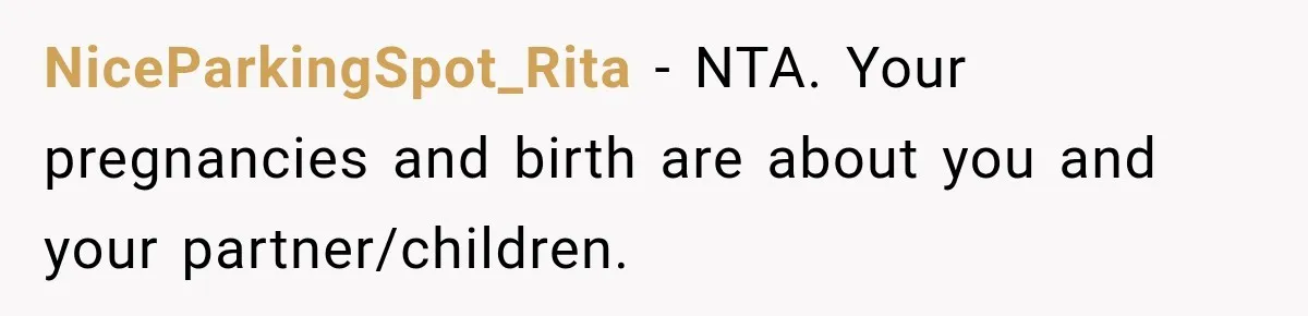 NiceParkingSpot_Rita − NTA. Your pregnancies and birth are about you and your partner/children.