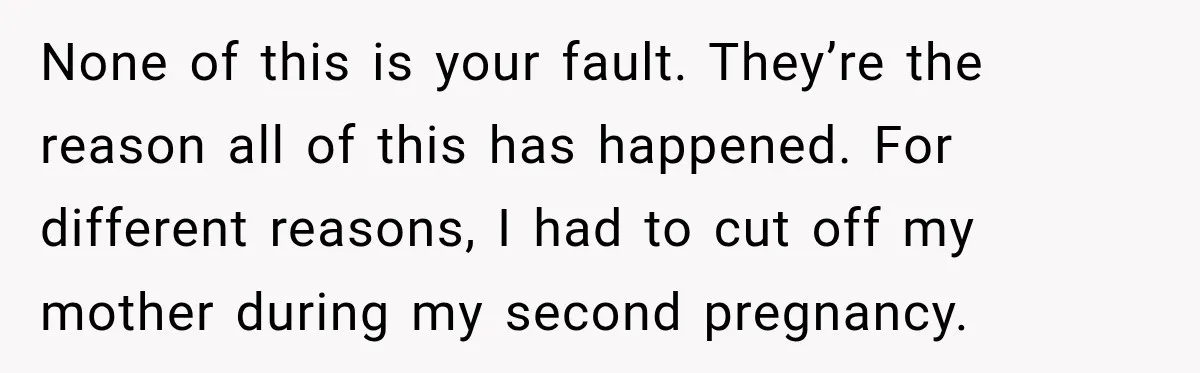 None of this is your fault. They’re the reason all of this has happened. For different reasons, I had to cut off my mother during my second pregnancy.
