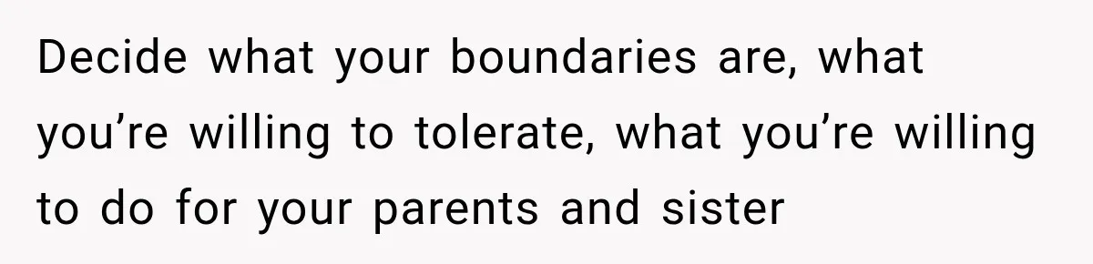 Decide what your boundaries are, what you’re willing to tolerate, what you’re willing to do for your parents and sister