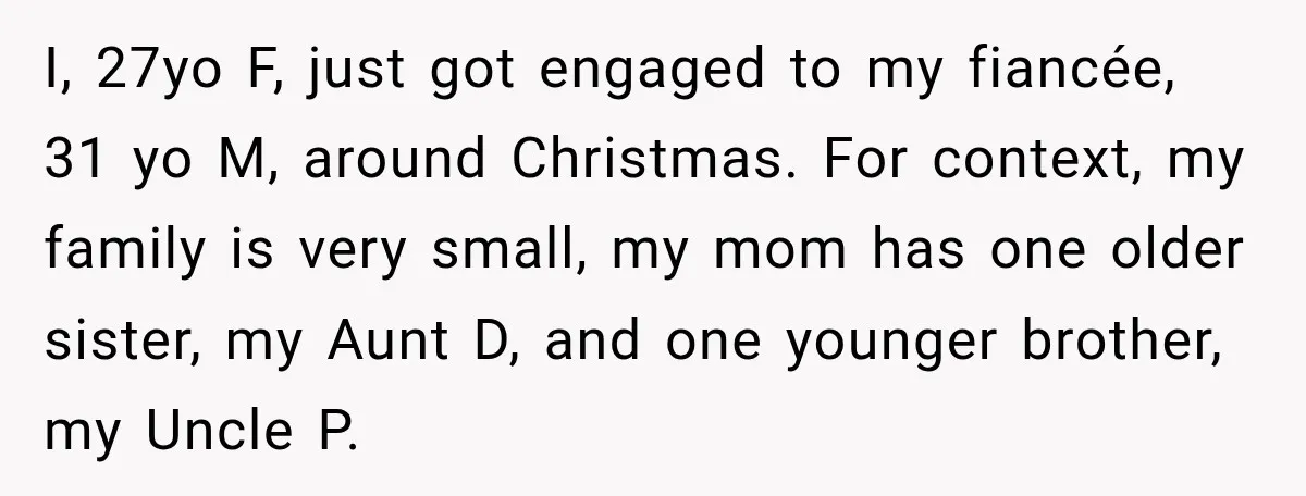 I, 27yo F, just got engaged to my fiancée, 31 yo M, around Christmas. For context, my family is very small, my mom has one older sister, my Aunt D,...
