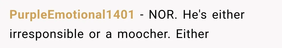 PurpleEmotional1401 − NOR. He's either irresponsible or a moocher. Either
