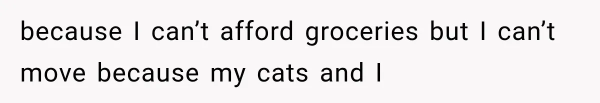 because I can’t afford groceries but I can’t move because my cats and I