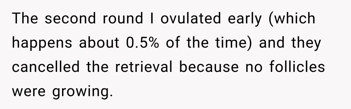 The second round I ovulated early (which happens about 0.5% of the time) and they cancelled the retrieval because no follicles were growing.