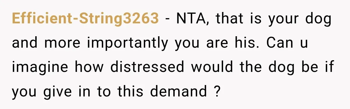 Efficient-String3263 − NTA, that is your dog and more importantly you are his. Can u imagine how distressed would the dog be if you give in to this demand ?