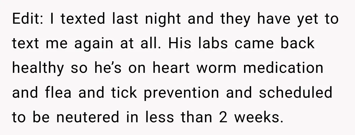 Edit: I texted last night and they have yet to text me again at all. His labs came back healthy so he’s on heart worm medication and flea and tick...