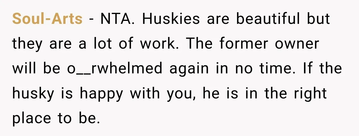 Soul-Arts − NTA. Huskies are beautiful but they are a lot of work. The former owner will be o__rwhelmed again in no time. If the husky is happy with you,...