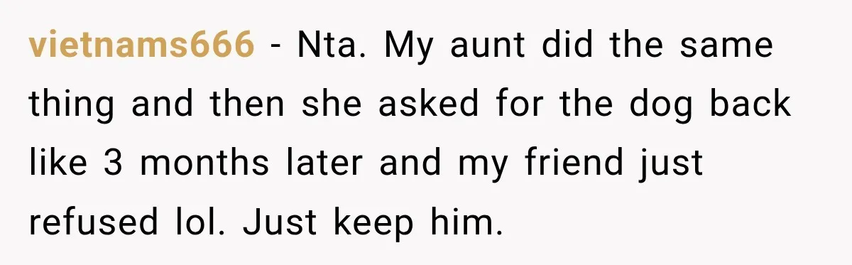 vietnams666 − Nta. My aunt did the same thing and then she asked for the dog back like 3 months later and my friend just refused lol. Just keep him.