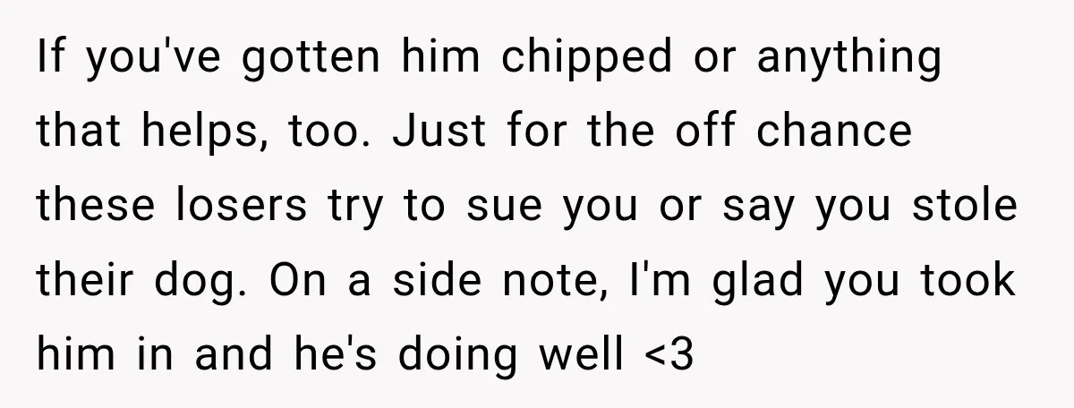 If you've gotten him chipped or anything that helps, too. Just for the off chance these losers try to sue you or say you stole their dog. On a side...