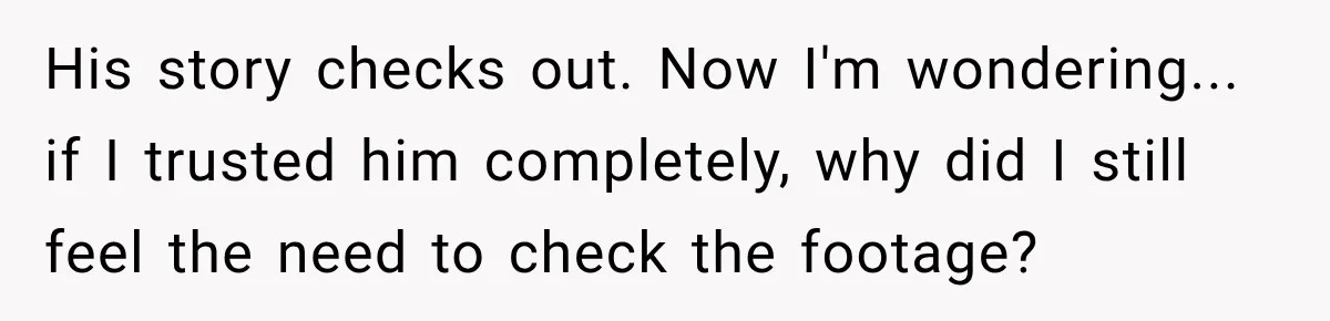 His story checks out. Now I'm wondering... if I trusted him completely, why did I still feel the need to check the footage?