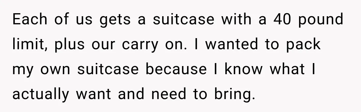Each of us gets a suitcase with a 40 pound limit, plus our carry on. I wanted to pack my own suitcase because I know what I actually want and...