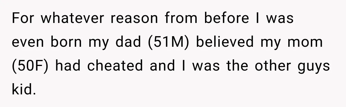 For whatever reason from before I was even born my dad (51M) believed my mom (50F) had cheated and I was the other guys kid.