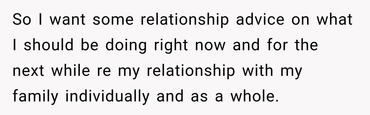 So I want some relationship advice on what I should be doing right now and for the next while re my relationship with my family individually and as a whole.