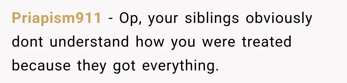 Priapism911 − Op, your siblings obviously dont understand how you were treated because they got everything.