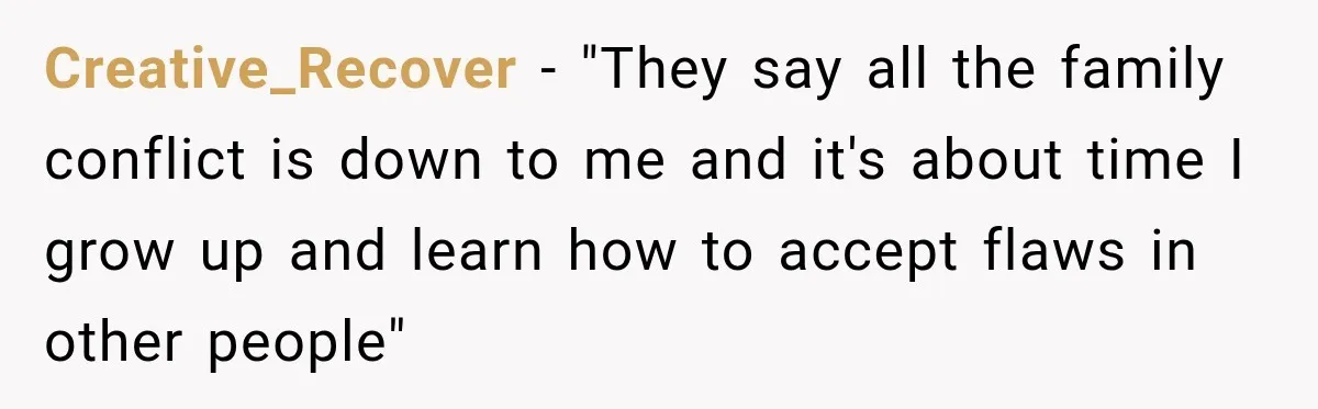 Creative_Recover − "They say all the family conflict is down to me and it's about time I grow up and learn how to accept flaws in other people"
