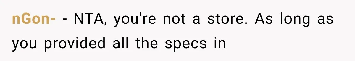nGon- − NTA, you're not a store. As long as you provided all the specs in