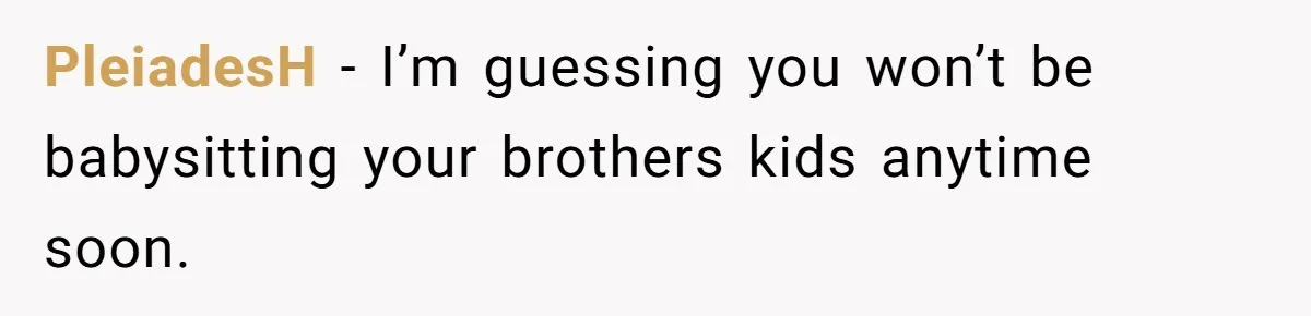 She Paid Rent for Her Childhood Home. Then Her Brother Tried to Treat It Like a Free Vacation Rental. PleiadesH − I’m guessing you won’t be babysitting your brothers kids anytime soon.