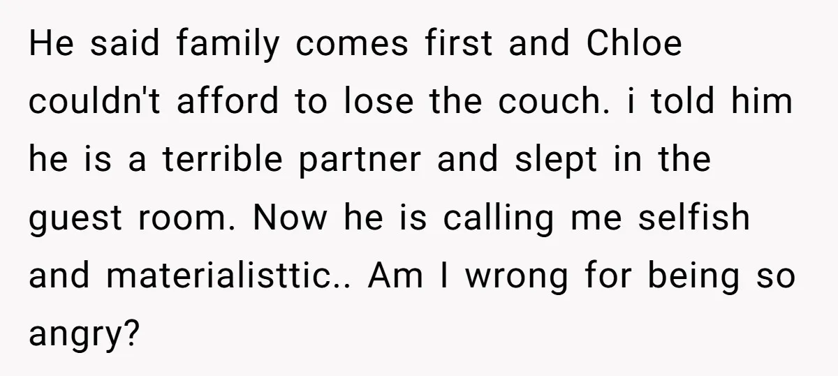 He said family comes first and Chloe couldn't afford to lose the couch. i told him he is a terrible partner and slept in the guest room. Now he is...