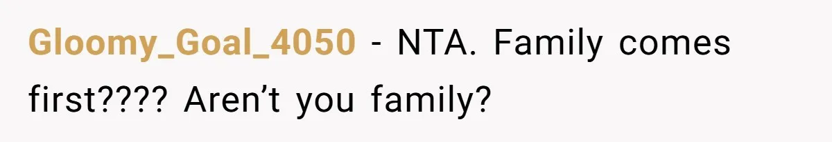 Gloomy_Goal_4050 − NTA. Family comes first???? Aren’t you family?
