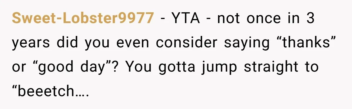 Sweet-Lobster9977 − YTA - not once in 3 years did you even consider saying “thanks” or “good day”? You gotta jump straight to “beeetch….