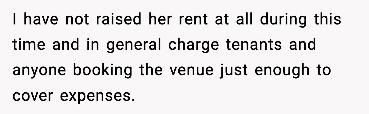 I have not raised her rent at all during this time and in general charge tenants and anyone booking the venue just enough to cover expenses.