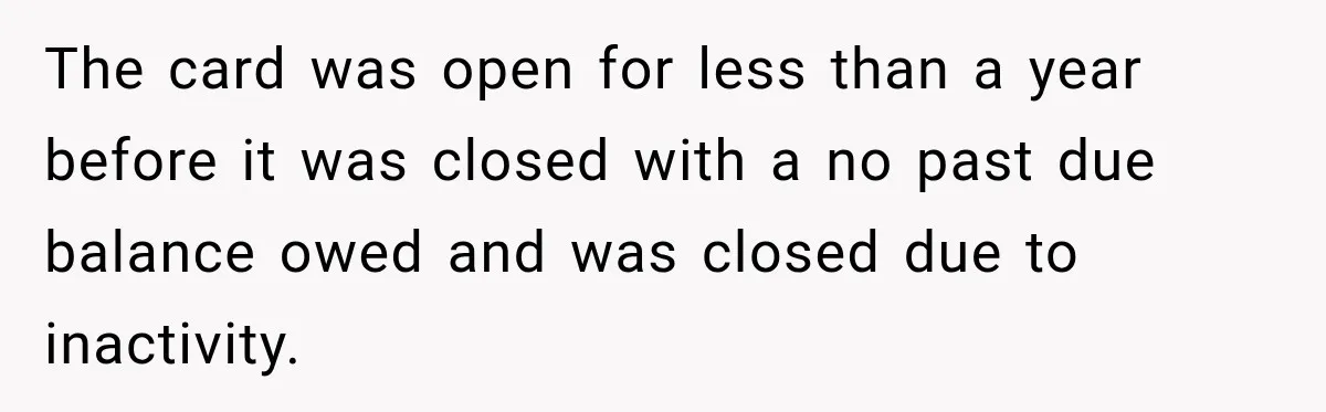 The card was open for less than a year before it was closed with a no past due balance owed and was closed due to inactivity.