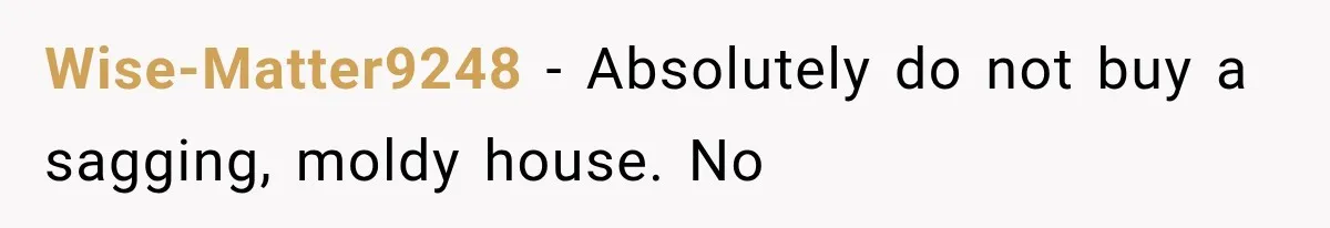 Wise-Matter9248 − Absolutely do not buy a sagging, moldy house. No