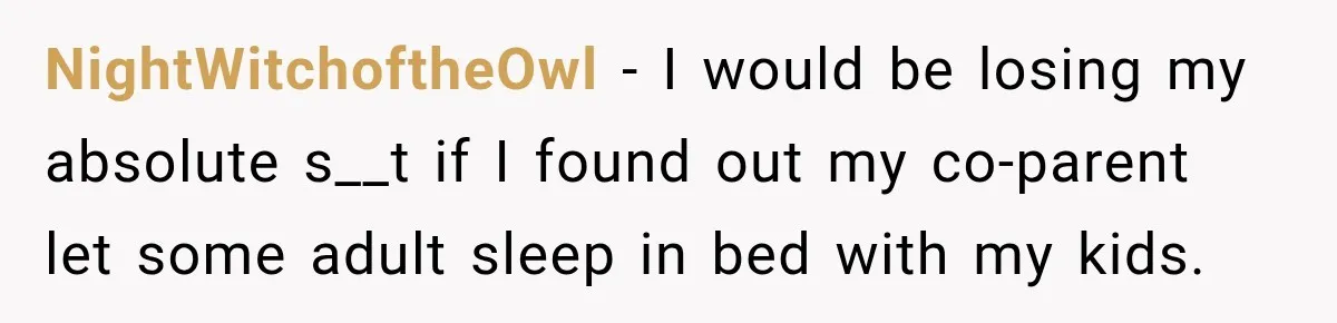 NightWitchoftheOwl − I would be losing my absolute s__t if I found out my co-parent let some adult sleep in bed with my kids.