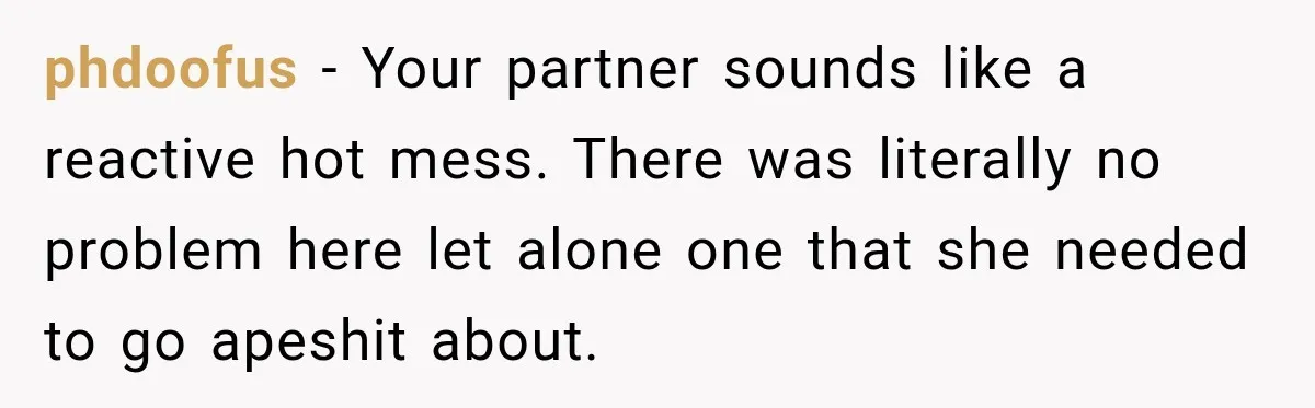 phdoofus − Your partner sounds like a reactive hot mess. There was literally no problem here let alone one that she needed to go apeshit about.