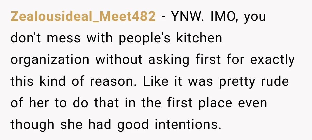 Zealousideal_Meet482 − YNW. IMO, you don't mess with people's kitchen organization without asking first for exactly this kind of reason. Like it was pretty rude of her to do that...
