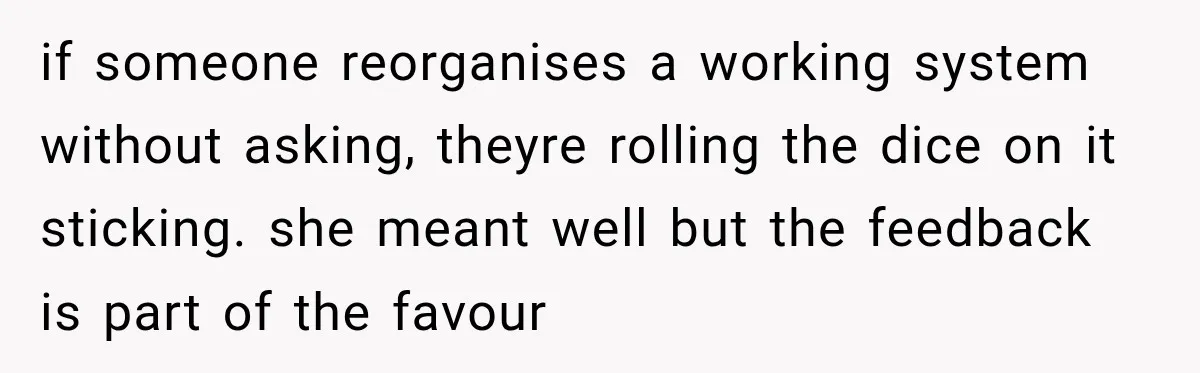 if someone reorganises a working system without asking, theyre rolling the dice on it sticking. she meant well but the feedback is part of the favour