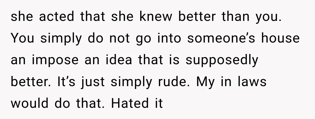 she acted that she knew better than you. You simply do not go into someone’s house an impose an idea that is supposedly better. It’s just simply rude. My in...
