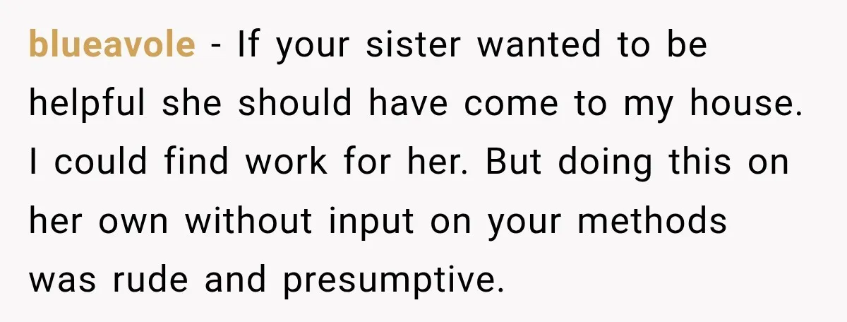 blueavole − If your sister wanted to be helpful she should have come to my house. I could find work for her. But doing this on her own without input...