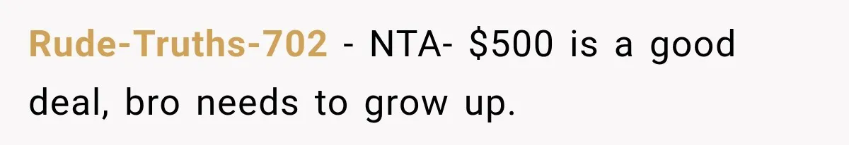 Rude-Truths-702 − NTA- $500 is a good deal, bro needs to grow up.