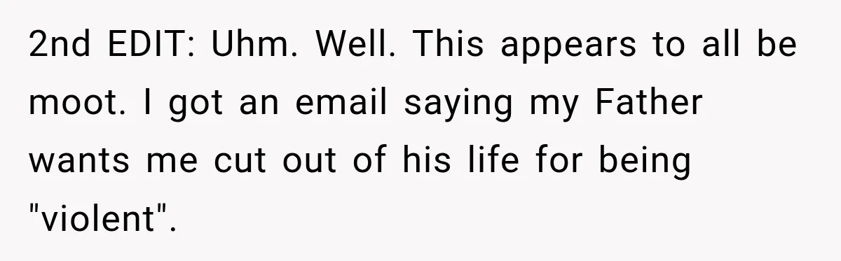 2nd EDIT: Uhm. Well. This appears to all be moot. I got an email saying my Father wants me cut out of his life for being "violent".